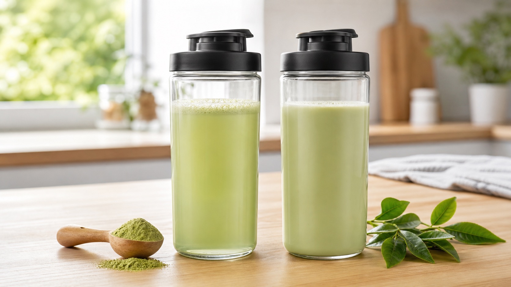 ULTORA抹茶ラテ味を水と豆乳で飲み比べるイメージ