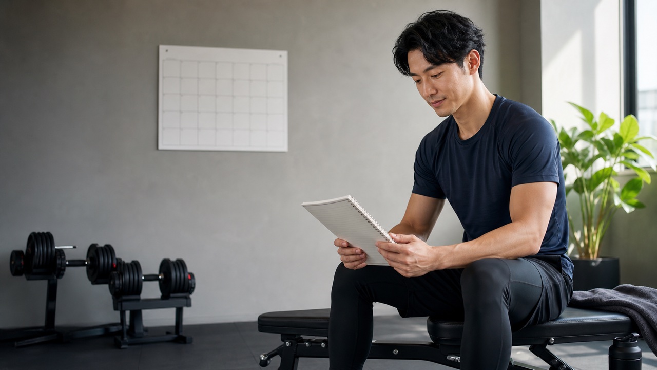 自宅ジムで3か月の筋トレ計画を確認する男性
